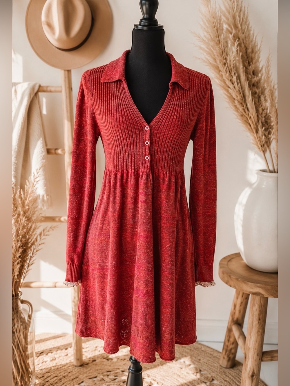 Free People Rain Or Shine Knit Sweater Dress Small Rust Boho Collared Mini